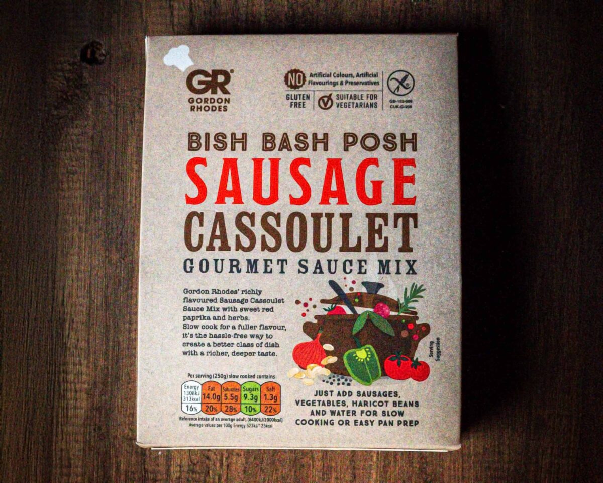Gordon Rhodes bish bash posh sausage cassoulet gourmet sauce mix