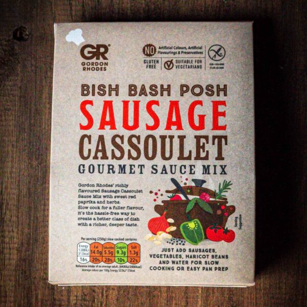 Gordon Rhodes bish bash posh sausage cassoulet gourmet sauce mix