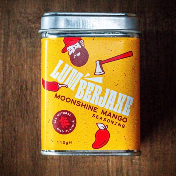 Tin of Lumberjaxe moonshine mango seasoning