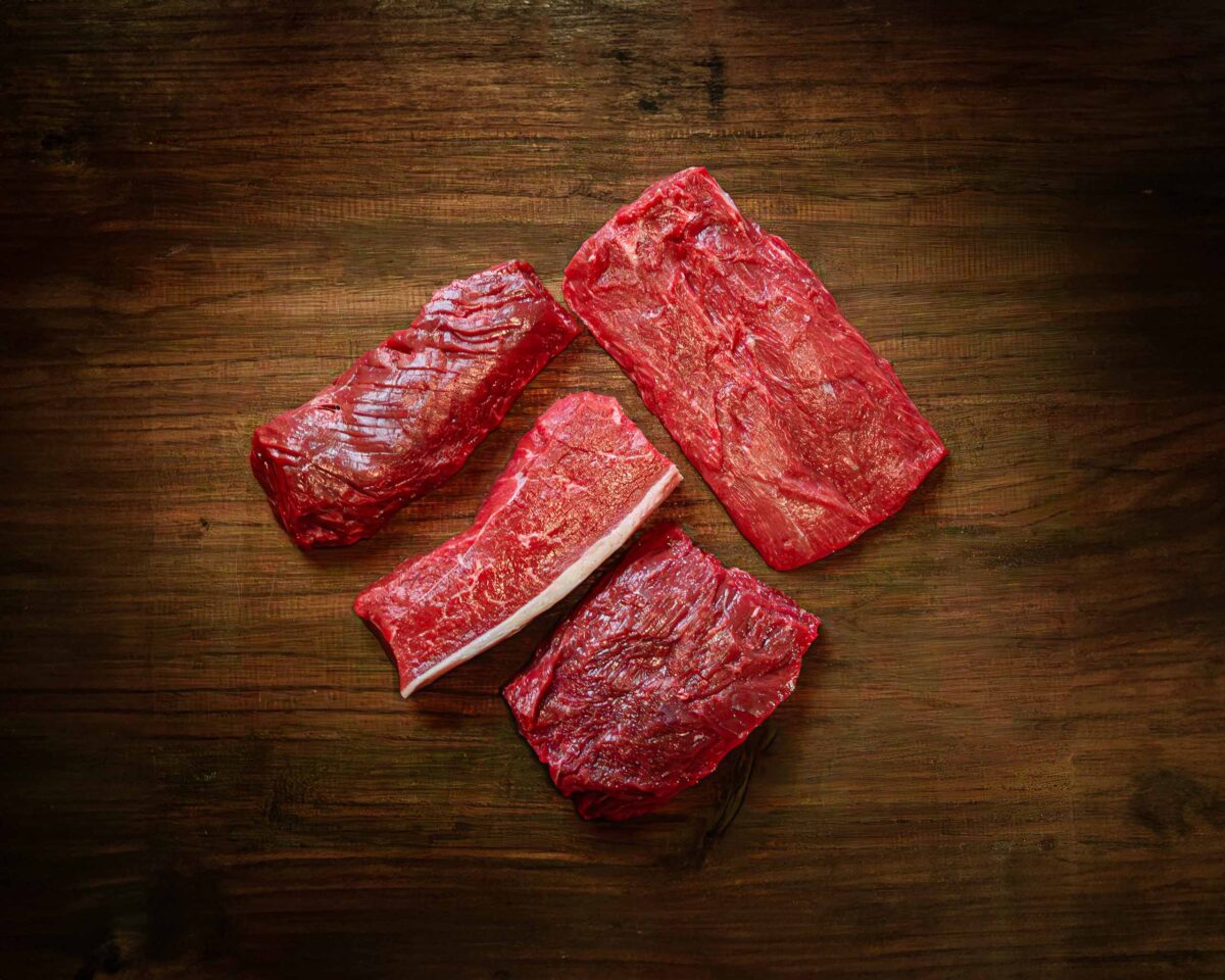 Steak selection including flat iron, bavette, hanger, and picanha