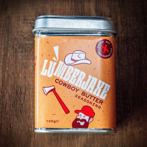 Tin of Lumberjaxe cowboy butter seasoning